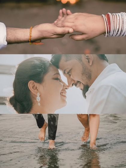 This collage highlights the key details of a beach pre-wedding shoot. It shows the holding of hands, the intimate smiles, and the feeling of walking together by the water, summarizing the romantic experience.