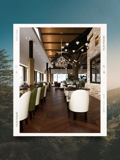 The dining area concept for ITC Narkanda, presented with a forest background. The design aims to create an immersive experience where the interior aesthetic echoes the natural beauty outside.