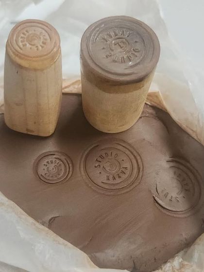 Our custom Studio Karva stamps, designed with love and made with laser-etched acrylic and hand-shaped wooden handles. Every piece born in our studio carries this mark.