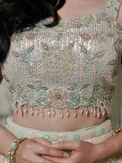 Another detailed shot of the beautiful blouse, highlighting the craftsmanship of my rental collection.