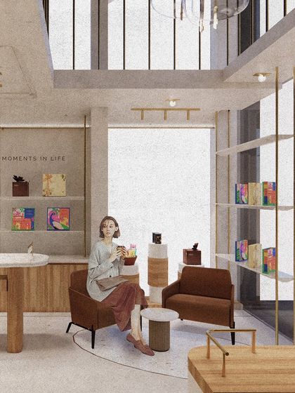 This render illustrates our vision for the seating area at Entisi. The design uses light shelving made of thin metal and marble, along with a mix of ambient and focused lighting, to create a space that feels open, calm, and allows the brand's products to shine.