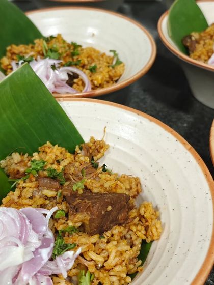 Individual portions of my Homestyle Mutton Pulao, beautifully presented for a party. I pay attention to presentation to make the dining experience special for your guests.