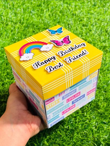 Here is the closed view of my birthday explosion box for a best friend. The fun, colorful design on the outside hints at the happy memories waiting to pop out from within.
