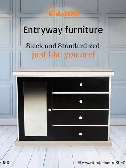This is our bestseller for entryways, a sleek and standardized cabinet. It combines a mirrored door with drawers, offering practical storage for any foyer.