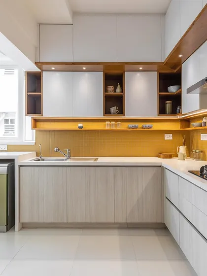 This kitchen design features a mix of closed white cabinets and open wooden shelving, highlighted by a mustard yellow backsplash. Undercabinet lighting adds warmth and functionality.