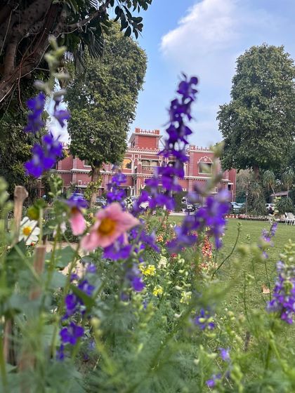 A view of Lal Kothi through its vibrant garden. The home's historic red brick facade is beautifully framed by the seasonal blooms, showcasing the deep integration of landscape and architecture that defines this project.