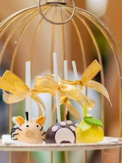 A display of safari-themed cake pops, with some designed to look like zebras and others like animal paws, presented in a golden birdcage.