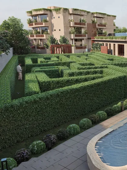 This rendering for a wellness center by Studio VK.A highlights my ability to handle large-scale, complex landscapes. The focal point is the intricate hedge maze, visualized with precise detail to convey the scale and unique character of the space.