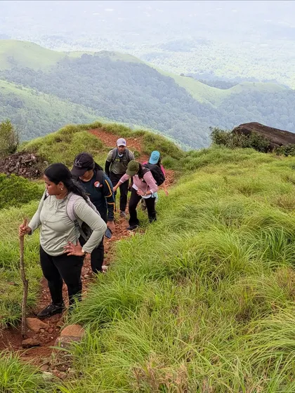 Trekkers making their way up a grassy slope on the Kurinjal trail.