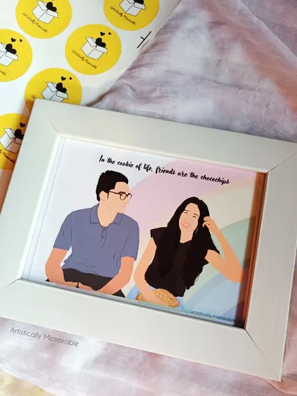 A custom illustration for two friends, showcasing my hot-selling digital art style. This piece, set in a white frame, is a quirky and memorable gift.