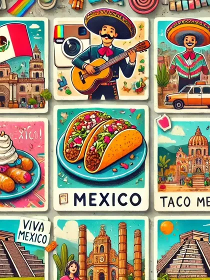 Viva Mexico. Get ready for tacos, mariachi bands, and ancient pyramids. This collage is a vibrant look at the culture and flavors of Mexico.