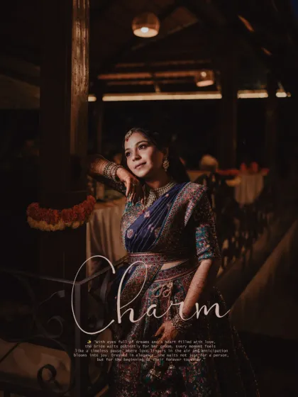 'Charm'. An artistic portrait of the bride, capturing her thoughtful expression and the elegance of her attire.