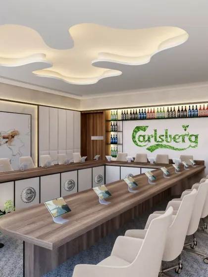 A 3D render of the Carlsberg boardroom, showcasing the initial concept for the space. Renders like this are crucial for visualizing the design and aligning with the client's vision before execution.
