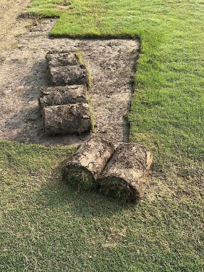 Freshly harvested turf rolls ready for a client. I offer several natural grass varieties to suit any need or budget.