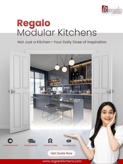 Not just a kitchen, it's your daily dose of inspiration. This creative ad shows a door opening into a stunning modular kitchen, highlighting our premium quality and no-hidden-cost promise.