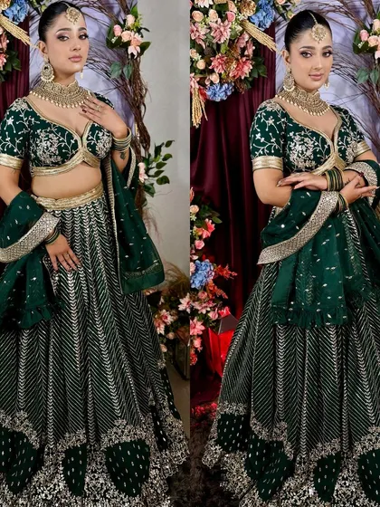 A collage of a model in the deep green lehenga, showing it from different angles.