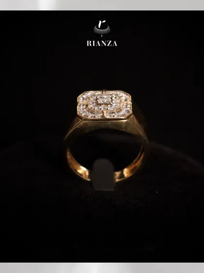 This image shows the substantial and well-crafted design of the men's gold and diamond ring, a piece meant to be worn and cherished for a lifetime.