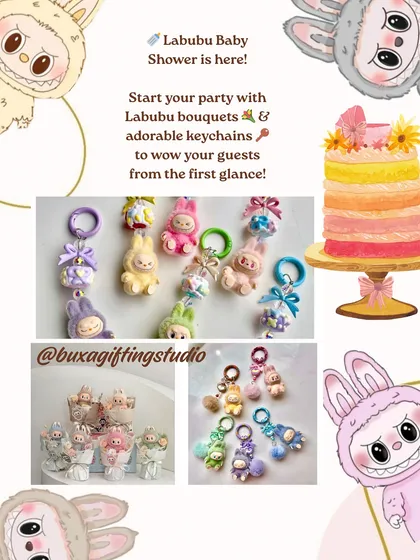 A quirky and modern idea: a Labubu-themed baby shower! This mood board shows Labubu keychains and bouquets.