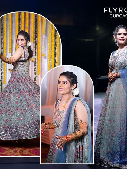This collage showcases a client looking beautiful in a floral printed lehenga with a contrasting blue dupatta. It's a versatile look for any festive event.