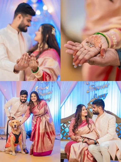 A collage from Prachi and Sandeep's engagement, showing the ring exchange, a portrait with their pet, and romantic moments. It’s a great summary of the event.