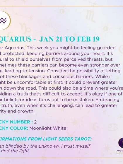 This week's tarot guidance for Aquarius. You might be feeling guarded, but consider the possibility of letting go of these blockages. Embracing the truth can lead to growth.