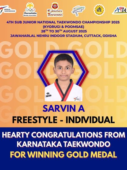 We celebrate Sarvin A's Gold Medal win in the Freestyle Individual category at the Sub Junior Nationals. His creativity and skill are an inspiration to our Taekwondo family.