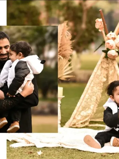 A collage from a first birthday celebration held outdoors. It combines a family portrait with shots of the baby enjoying the festive, bohemian-themed setup on the lawn.