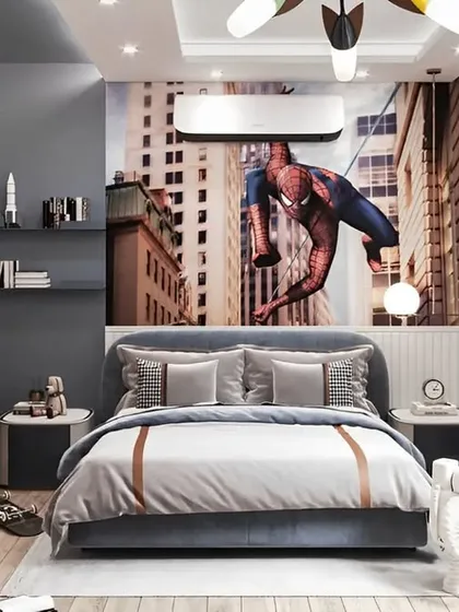 A superhero fan's dream room, featuring a massive Spider-Man wall mural. The design uses a sophisticated grey and blue color palette, making it a cool and stylish tribute to a favorite character.