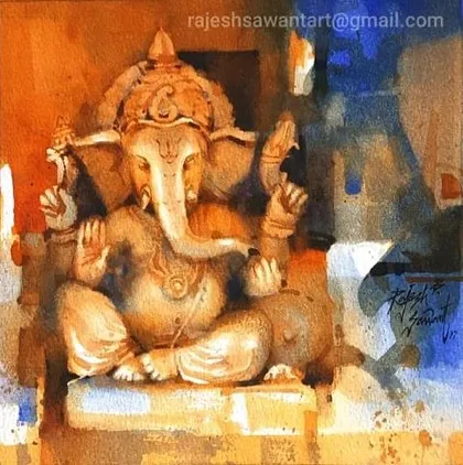 A watercolor painting of Lord Ganesha, created for Ganesh Chaturthi. The use of orange and blue creates a beautiful contrast.