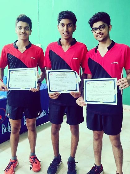 Our U19 boys team, Samyak, Kiran, and Aakash, with their certificates after a strong showing at the Belagavi tournament.