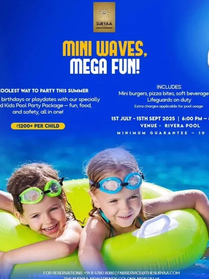 Beat the Delhi heat with a splash! I curate the coolest kids' pool party packages during the summer months. This one at The Suryaa includes food, fun, and safety with lifeguards on duty, ensuring a worry-free celebration for you.