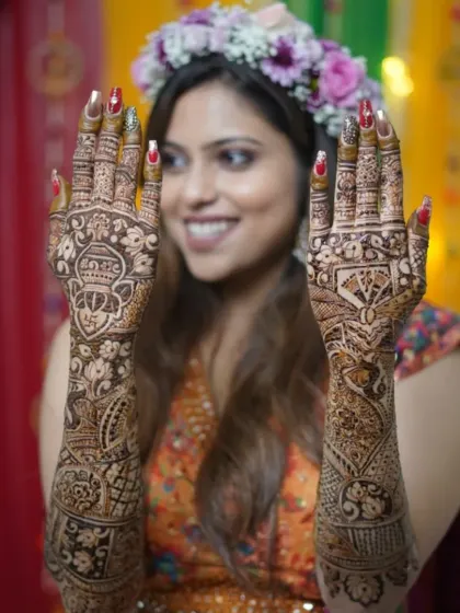 A happy client with a floral crown, showing off her detailed bridal mehndi. The design includes traditional motifs like a kalash and peacocks.
