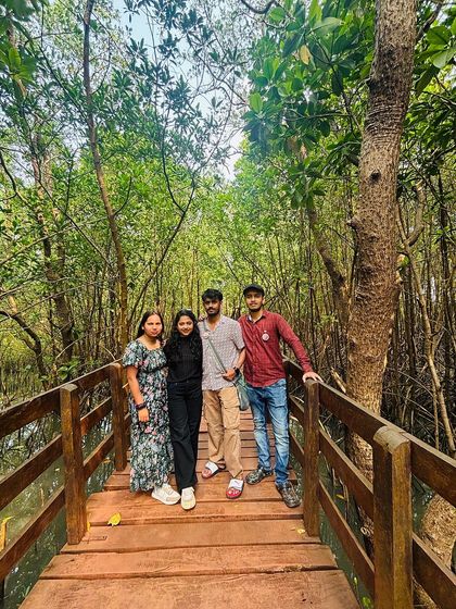 Exploring the mangrove boardwalk in Honnavara, a unique part of our coastal Karnataka trip.