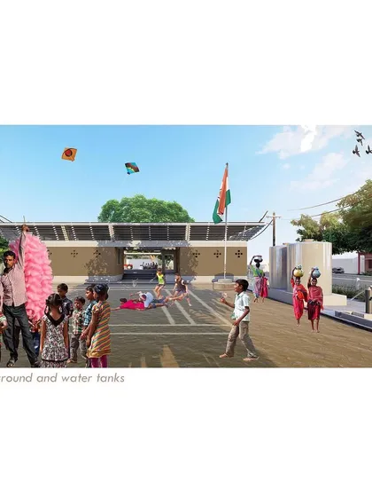 This conceptual rendering for a rural community center in Andhra Pradesh illustrates our vision for a 'Gramam Pranganam'. The open plaza is designed as a dynamic space for play, celebration, and public assembly, anchored by essential community infrastructure like water tanks.