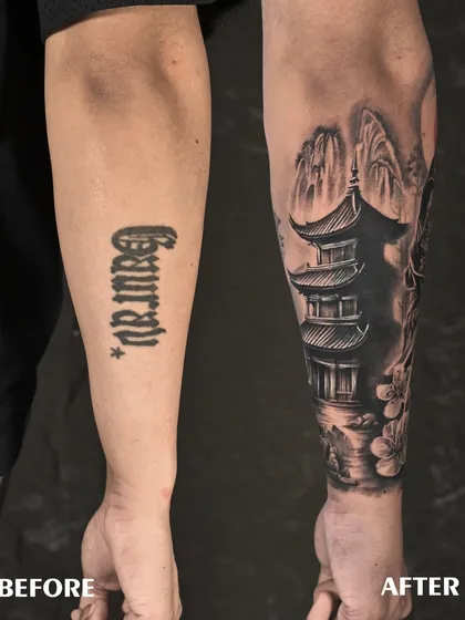 A tattoo you regret doesn't have to be the end of the story. This is a complete transformation, where we turned a simple name tattoo into a detailed Japanese-style forearm piece, proving that with the right vision, any ink can be reborn.