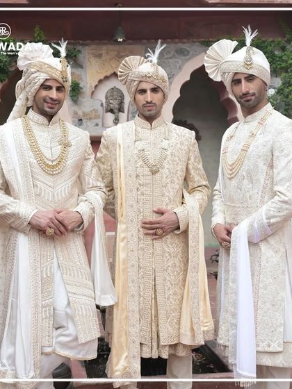 This image captures the essence of the Shauhar collection, with three grooms showcasing the majestic art of my sherwanis. Each piece is a blend of tradition and modern sophistication.