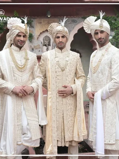 This image captures the essence of the Shauhar collection, with three grooms showcasing the majestic art of my sherwanis. Each piece is a blend of tradition and modern sophistication.