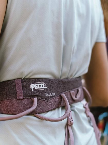 The Petzl Selena harness, another women-specific model we love. It has plenty of gear loops and a contoured waistbelt for comfort on long climbs.