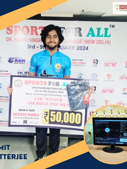 Our shooter Ashmit Chatterjee receives his winner's scholarship from the Sports For All Foundation after securing first place in the 10M Air Rifle Men's event, setting the range on fire.