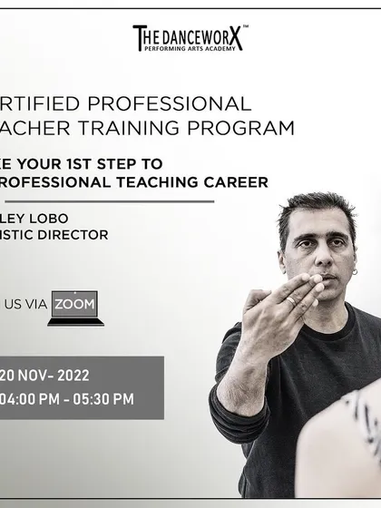 This poster announces an online orientation session with Ashley Lobo for our Certified Professional Teacher Training Program. It's the first step for dancers and existing teachers to learn about our structured course for professional development.