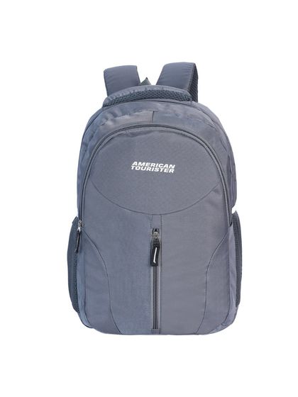 A front view of a grey American Tourister backpack, shot on a clean white background.