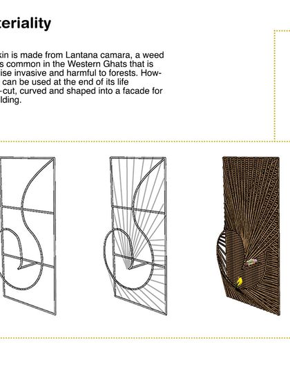 A diagram showing the process of shaping Lantana stems into a building facade. This conceptual work explores how the weed's natural forms can be bent and woven onto a frame, transforming a harmful plant into a beautiful and functional architectural skin.