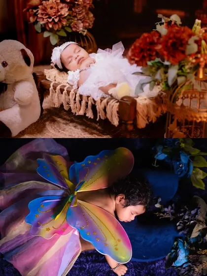 A creative collage showing two different newborn setups: one angelic in white with a teddy bear, and another with colorful butterfly wings.