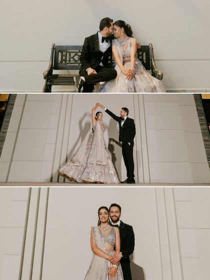 A collage of elegant couple portraits from the Sangeet, showing their graceful dance moves and quiet, connected moments.
