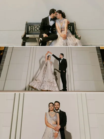 A collage of Sangeet portraits, showing the couple in various poses from romantic embraces to stylish twirls. It showcases the variety of portraits we can create.