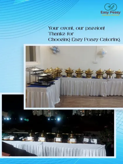 This collage shows our adaptability, with a formal indoor buffet on top and a simple yet elegant outdoor setup below, perfect for an evening gathering.