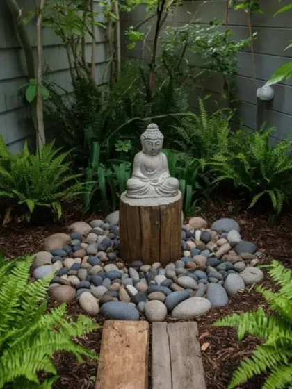 I create peaceful Zen garden corners perfect for meditation and quiet reflection. This design uses a combination of smooth river stones, ferns, and a central Buddha statue on a natural wood pedestal to establish a calm atmosphere.