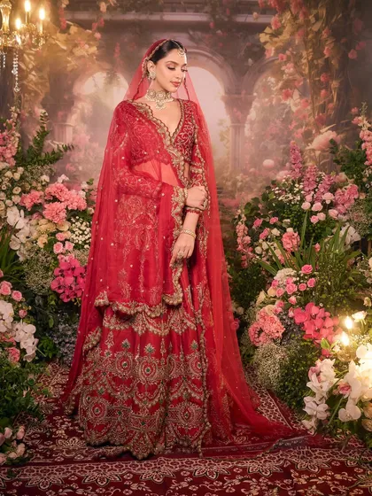 A full-length portrait of our bride surrounded by a garden of flowers. The entire look, from the red lehenga to the soft makeup, creates a picture of bridal perfection.