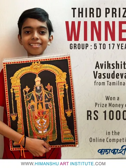 Avikshith Vasudevan from Tamil Nadu earned third prize in our junior category for his stunningly detailed Tanjore-style painting. This artwork is a testament to the incredible skill and dedication of young artists in traditional Indian art forms.
