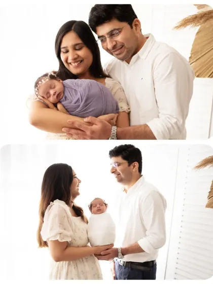 A collage of a couple with their newborn, showing different poses like the mother holding the baby and the parents together. We guide you through poses that feel natural and loving.